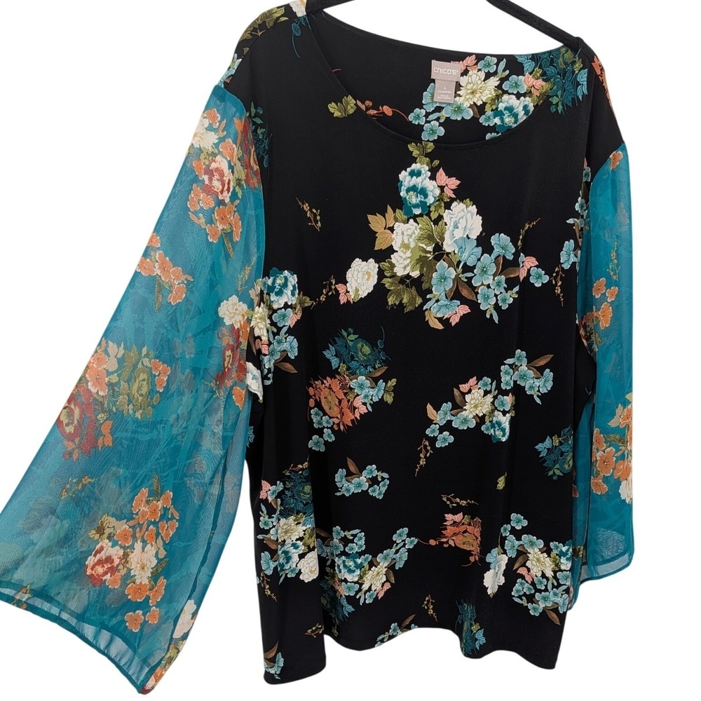 Chicos Floral Top Women Size XXL Black Blue Boho Sheer Sleeve Blouse Garden